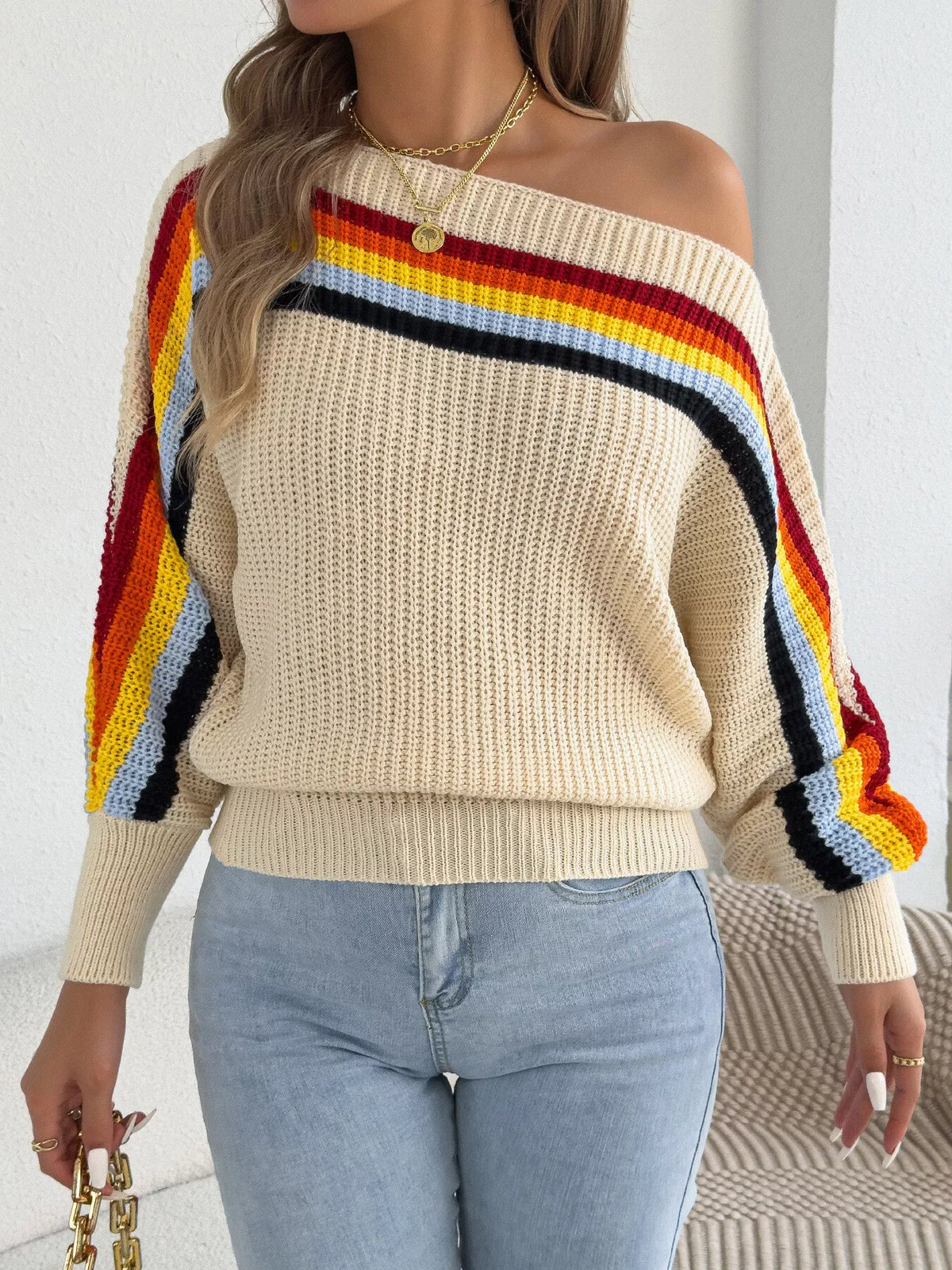 Striped Knit Boat Neck Sweater in beige, front view