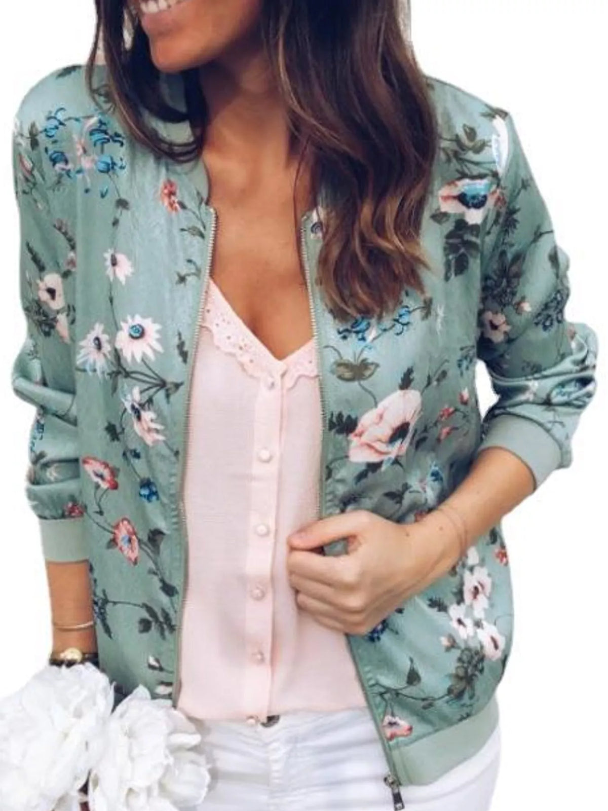 Light blue floral printed zip-up bomber jacket — front view