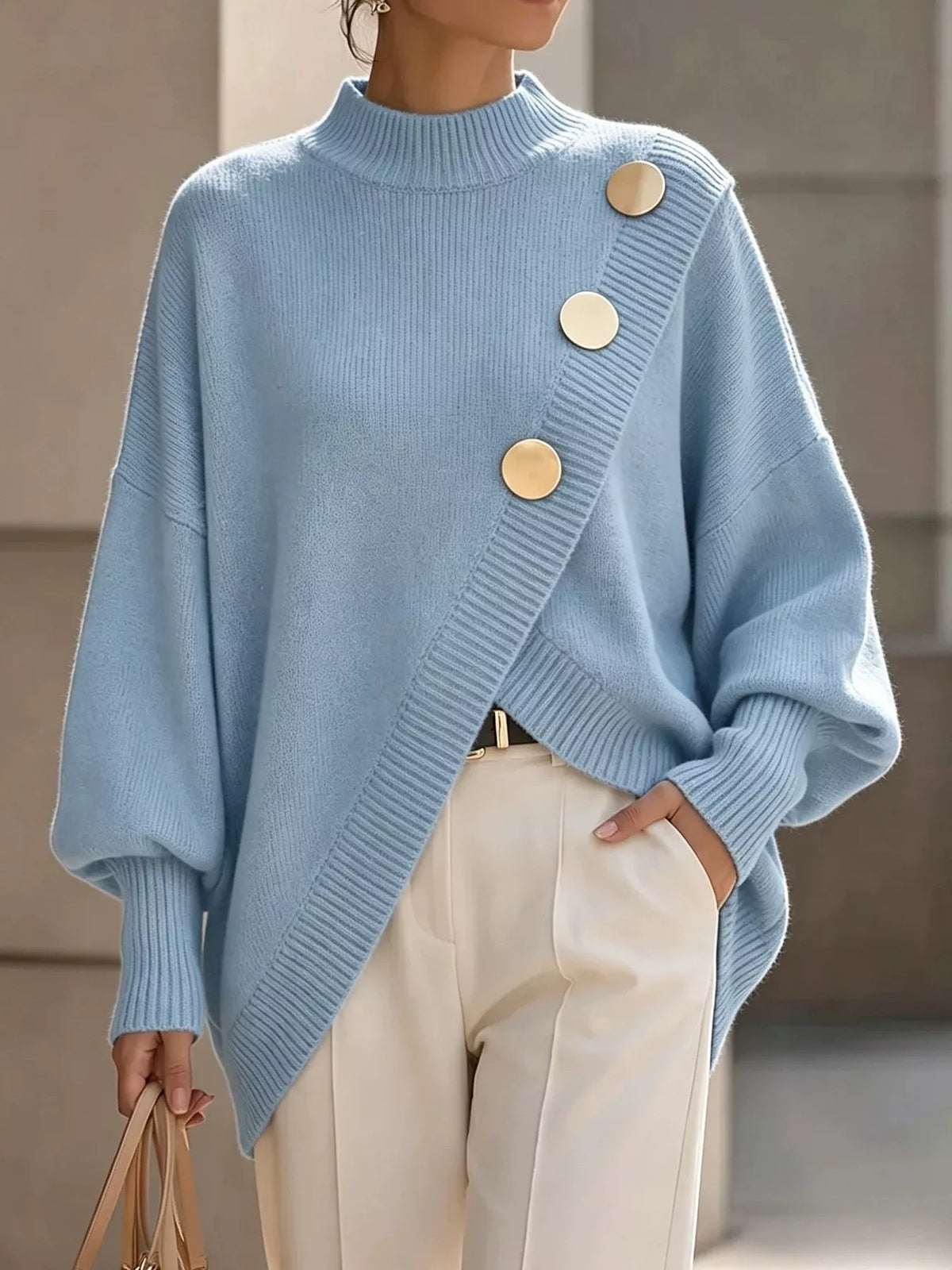 Asymmetric Button-Decorated Sweater — front view