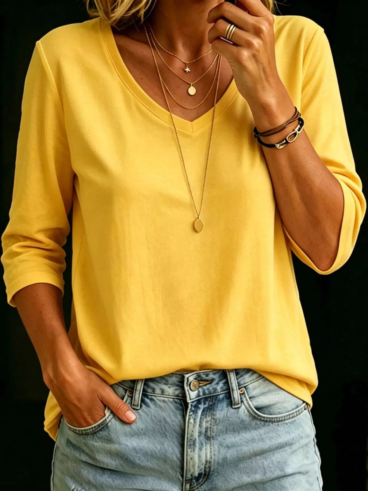 Yellow v-neck half sleeve t-shirt