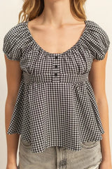 Trendsi HYFVE Gingham Scoop Neck Cap Sleeve Blouse - Shirts