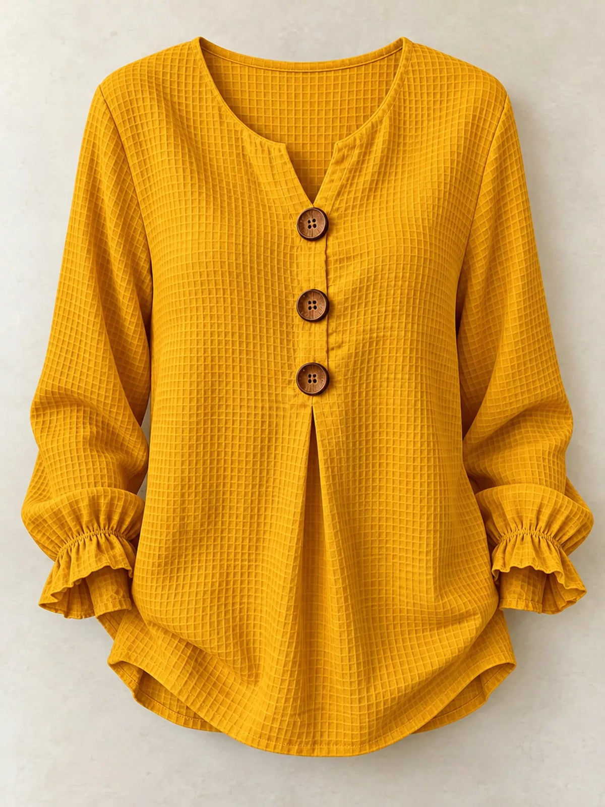 Women's Waffle Knit Flounce Sleeve Blouse in mustard — flat lay view