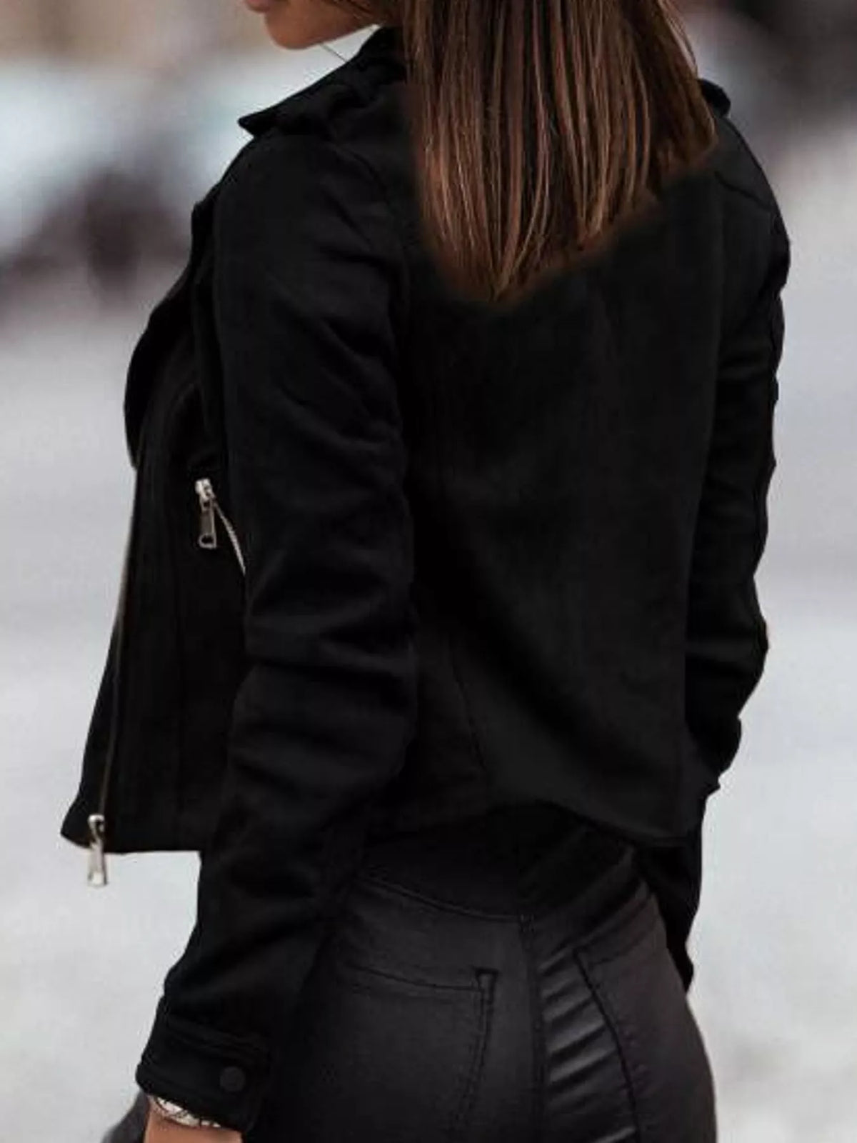 Black asymmetrical zipper long sleeve jacket — back view