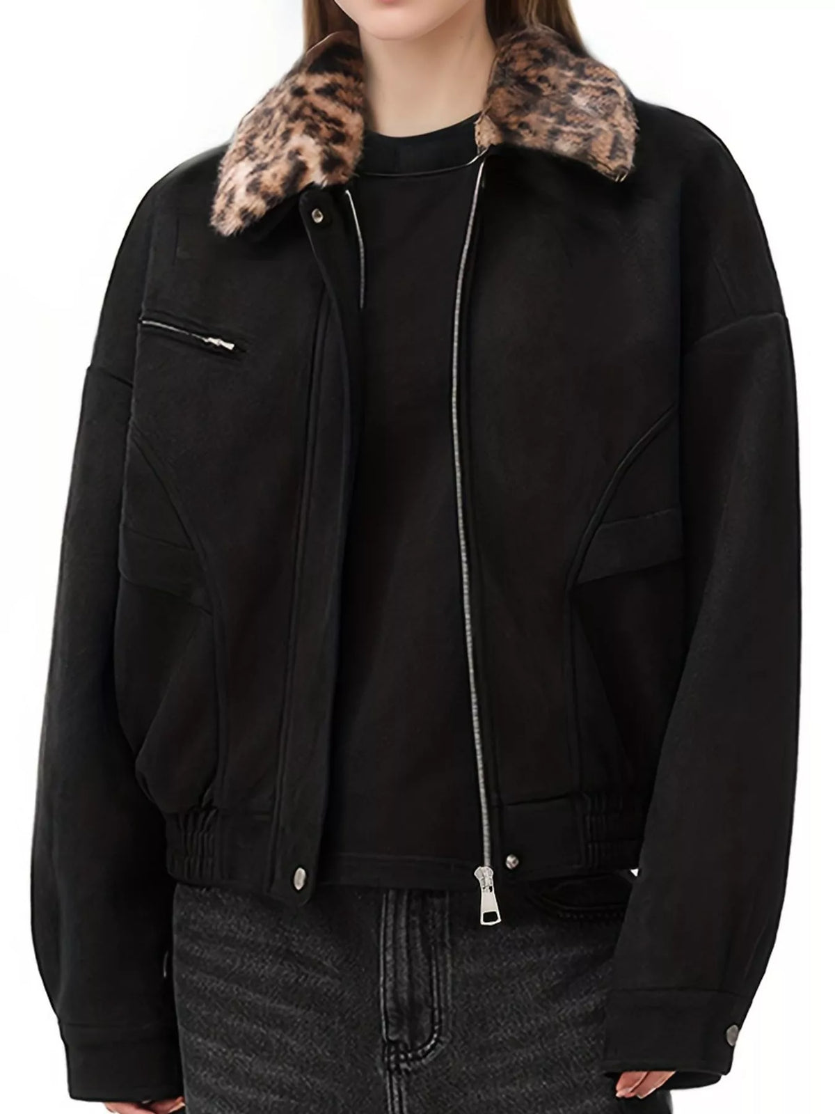Black leopard collar zip-up jacket — front view