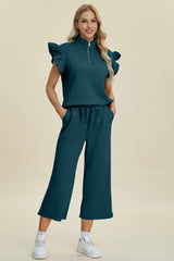 Trendsi Double Take Full Size Texture Ruffle Short Sleeve Top and Wide Leg Pants Set -