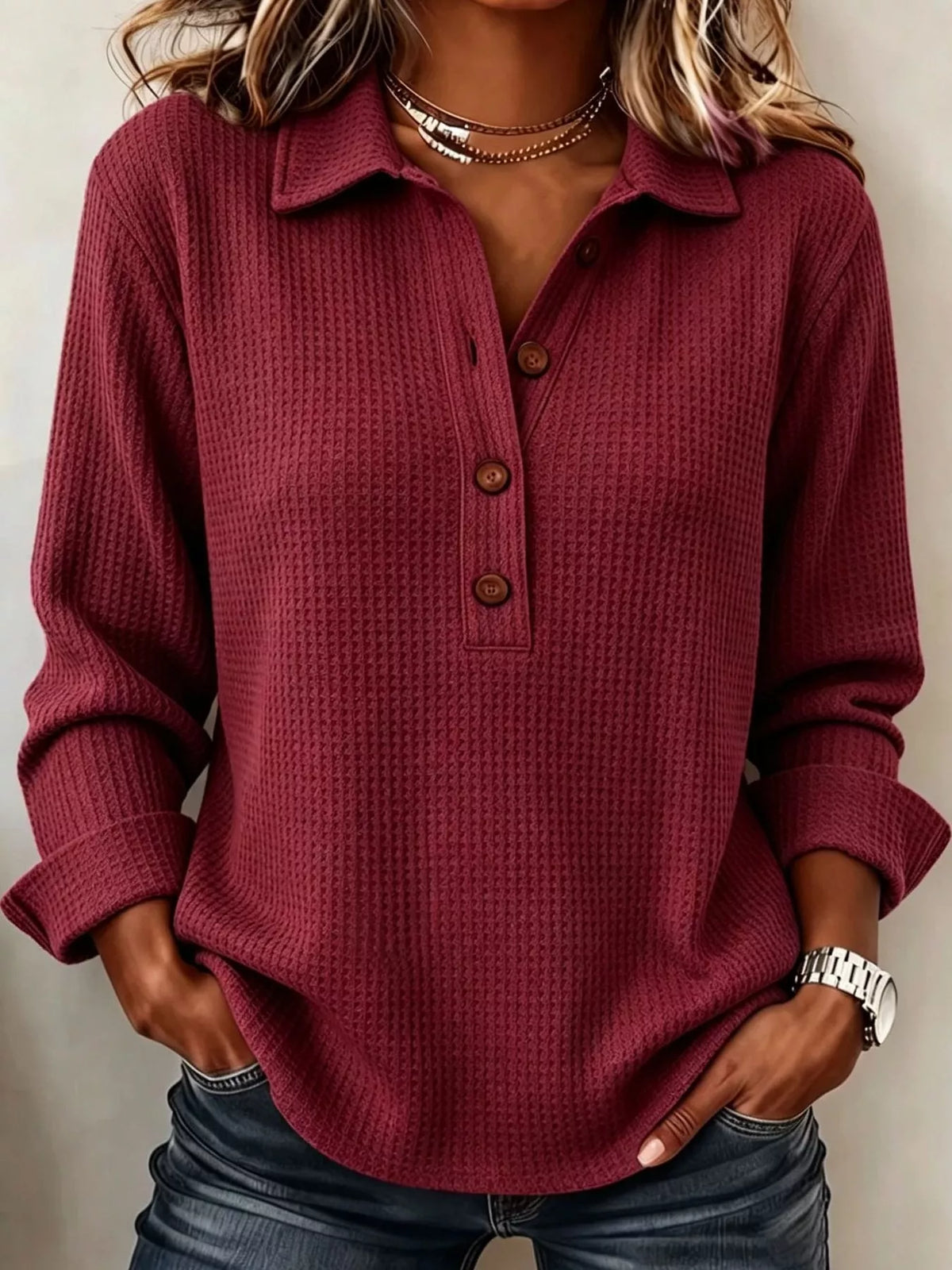 Burgundy waffle knit long sleeve polo top, front view
