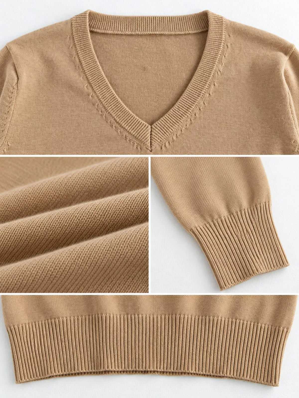 Women's V-Neck Long Sleeve Sweater in camel — detail collage view