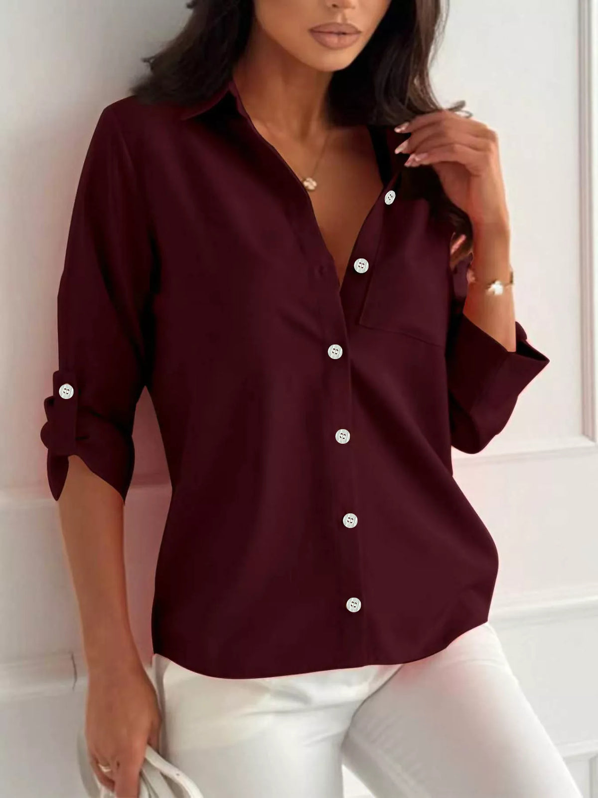 Trendsi Button-Down Roll-Up Sleeve Shirt -