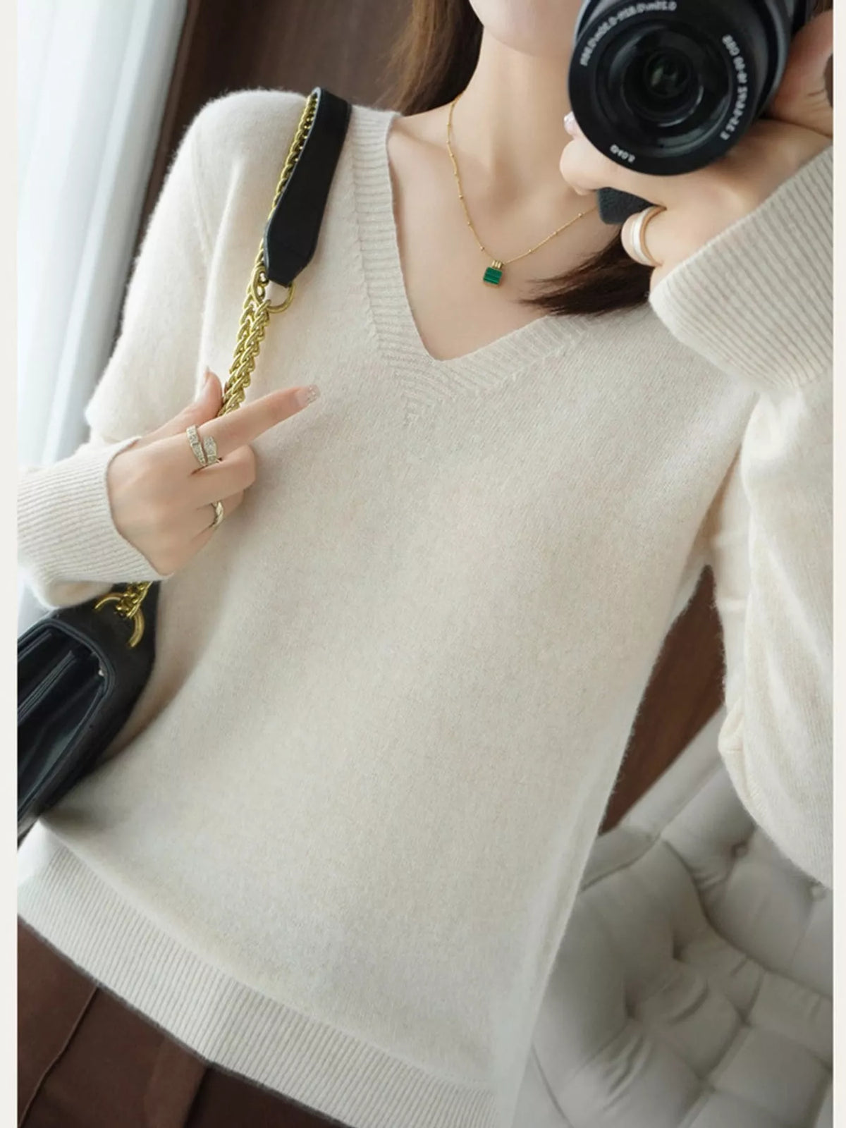 V-Neck Knit Sweater, detail view in white