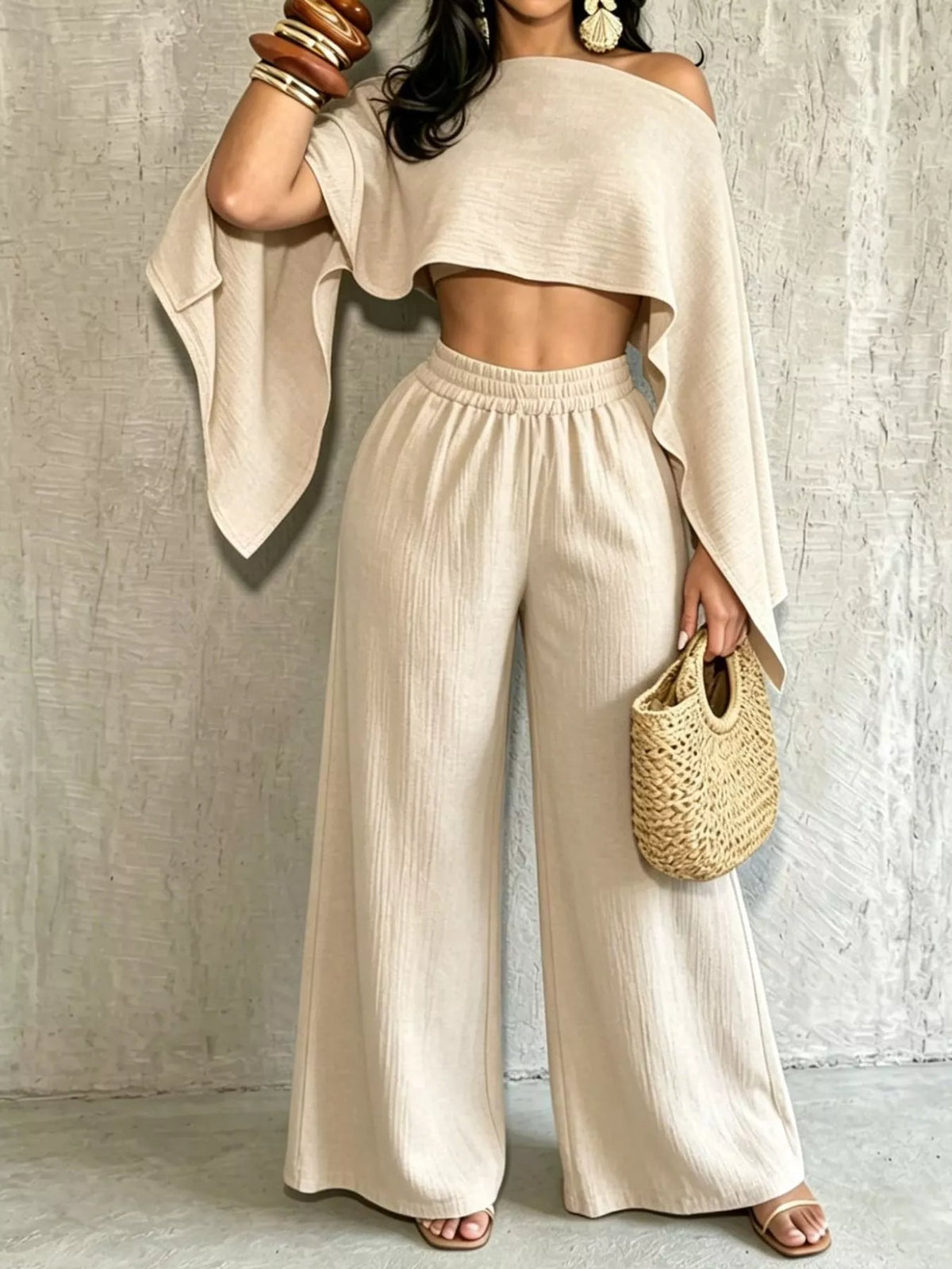 Women's Boat Neck Crop Top and Wide-Leg Pants Set in cream — front view