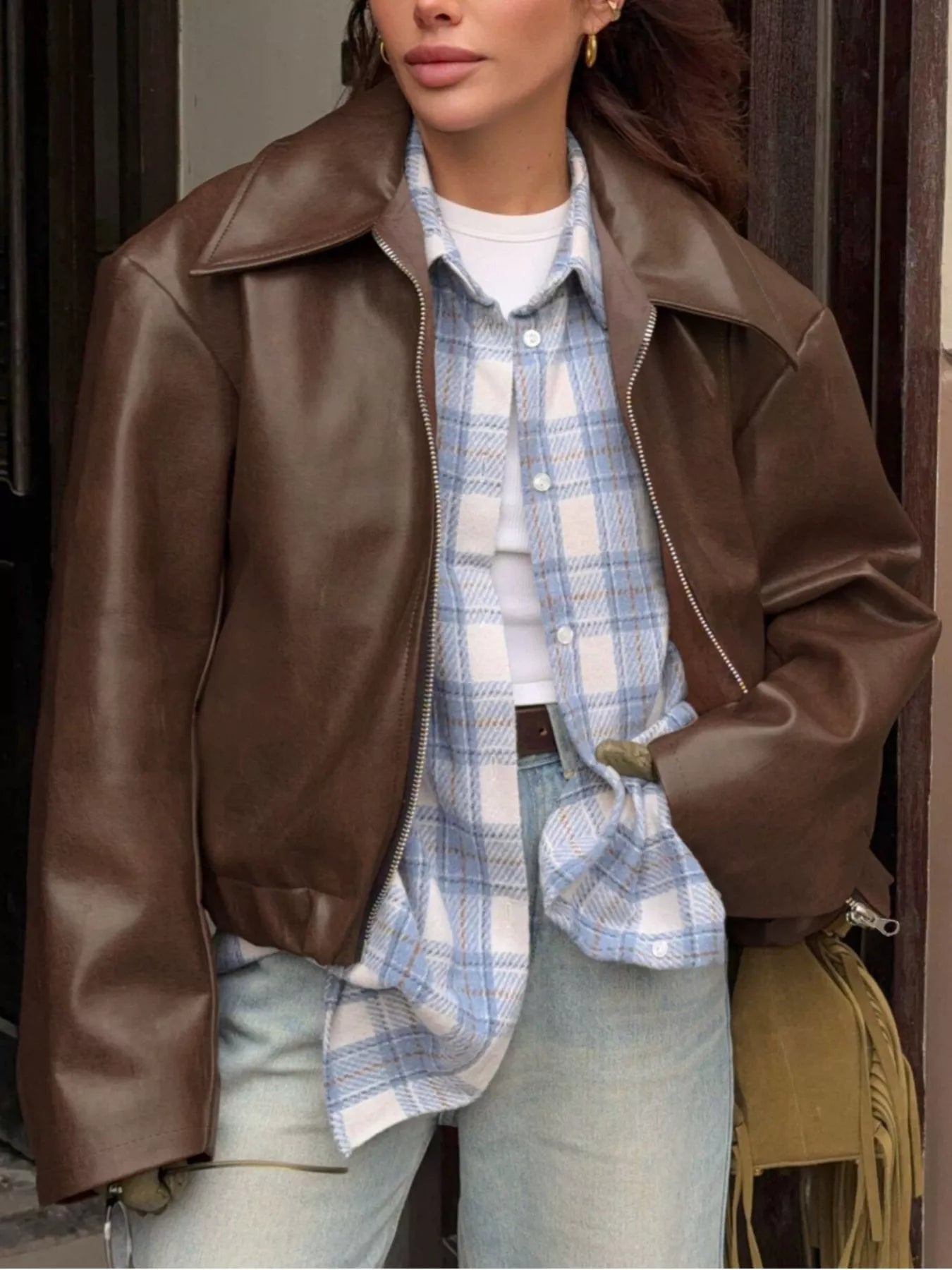 Trendsi Faux Leather Zip Up Jacket -
