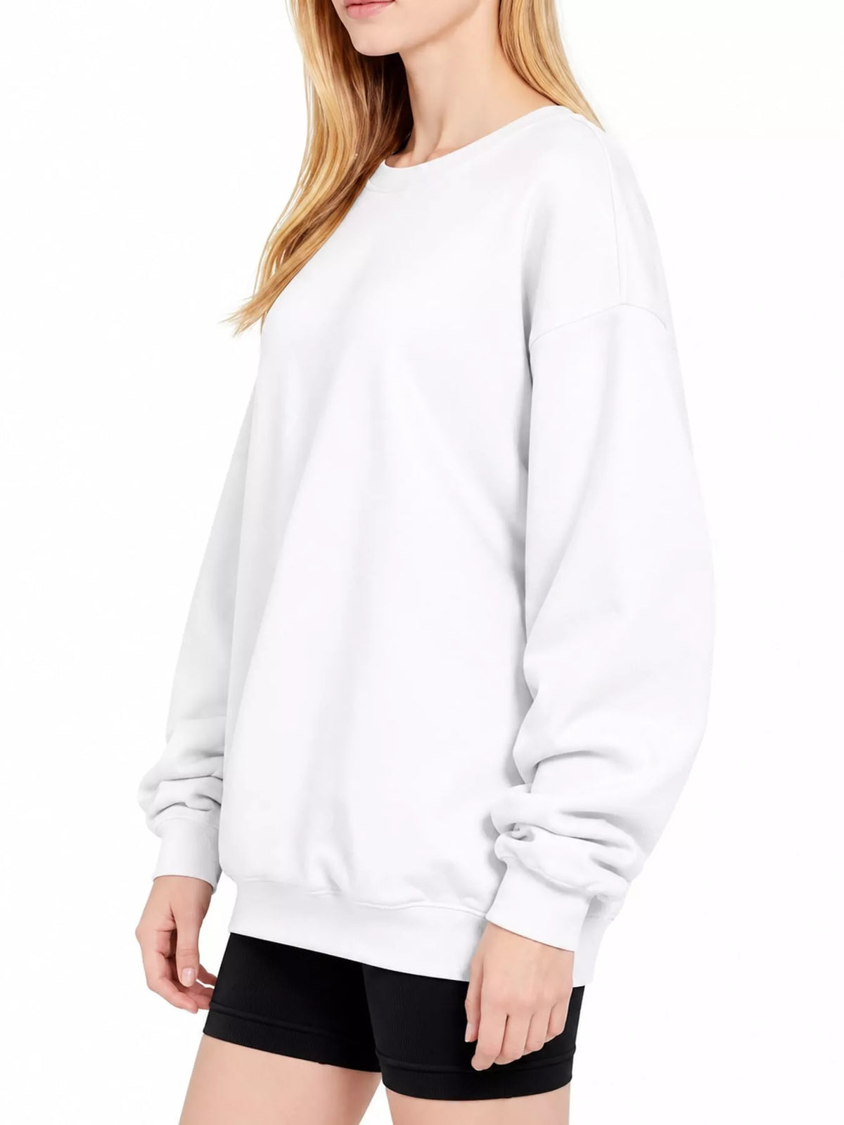 Ribbed Trim Crew Neck Sweatshirt in white, side view
