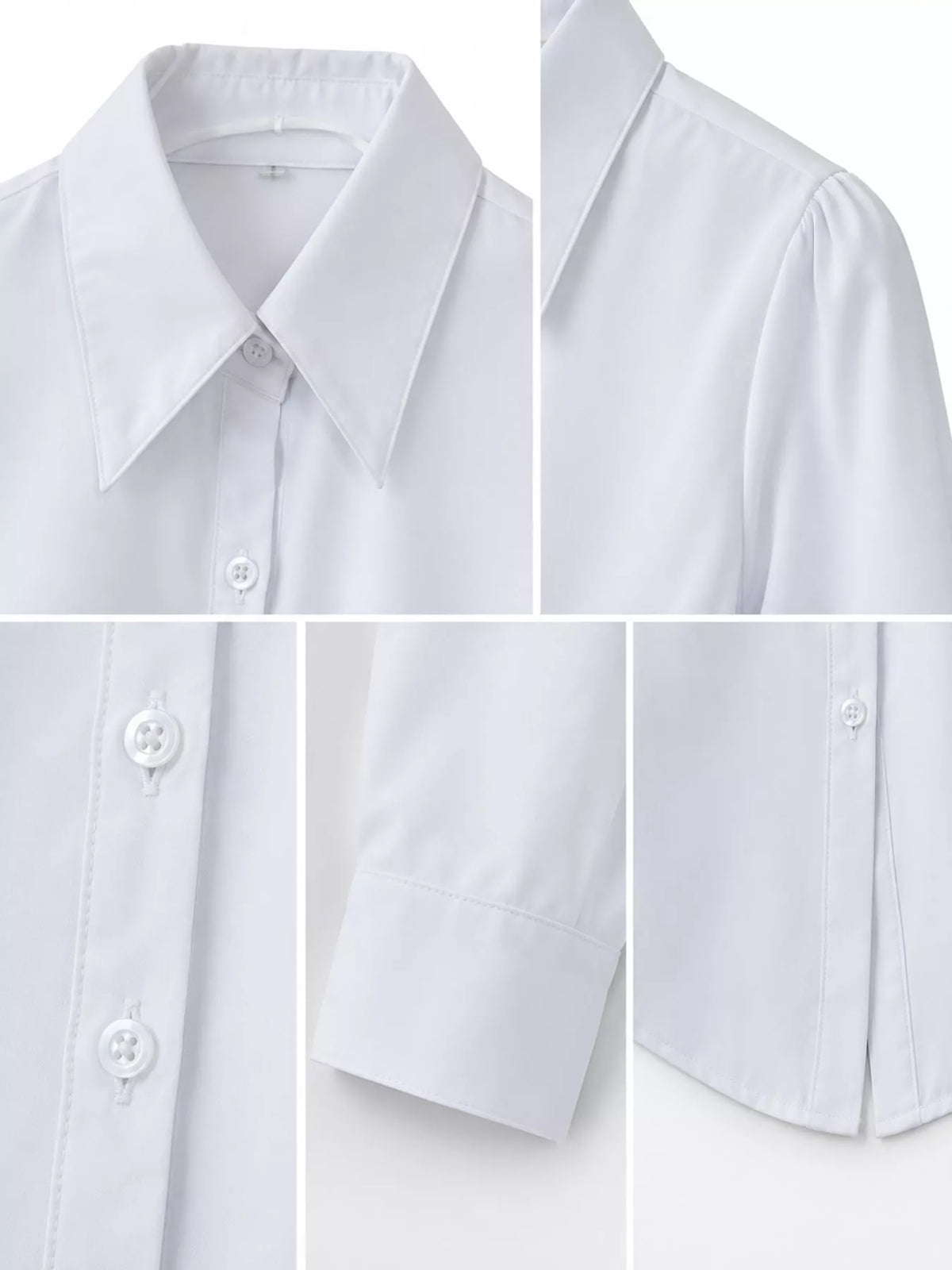 White button-down shirt, collar, shoulder, buttons, and long-sleeve cuff