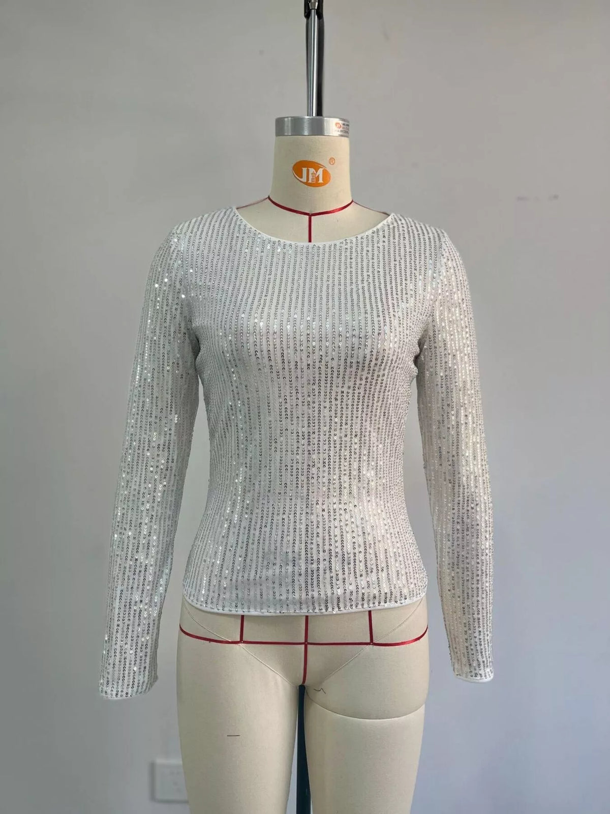 Silver sequin long sleeve crop T-shirt, front product view