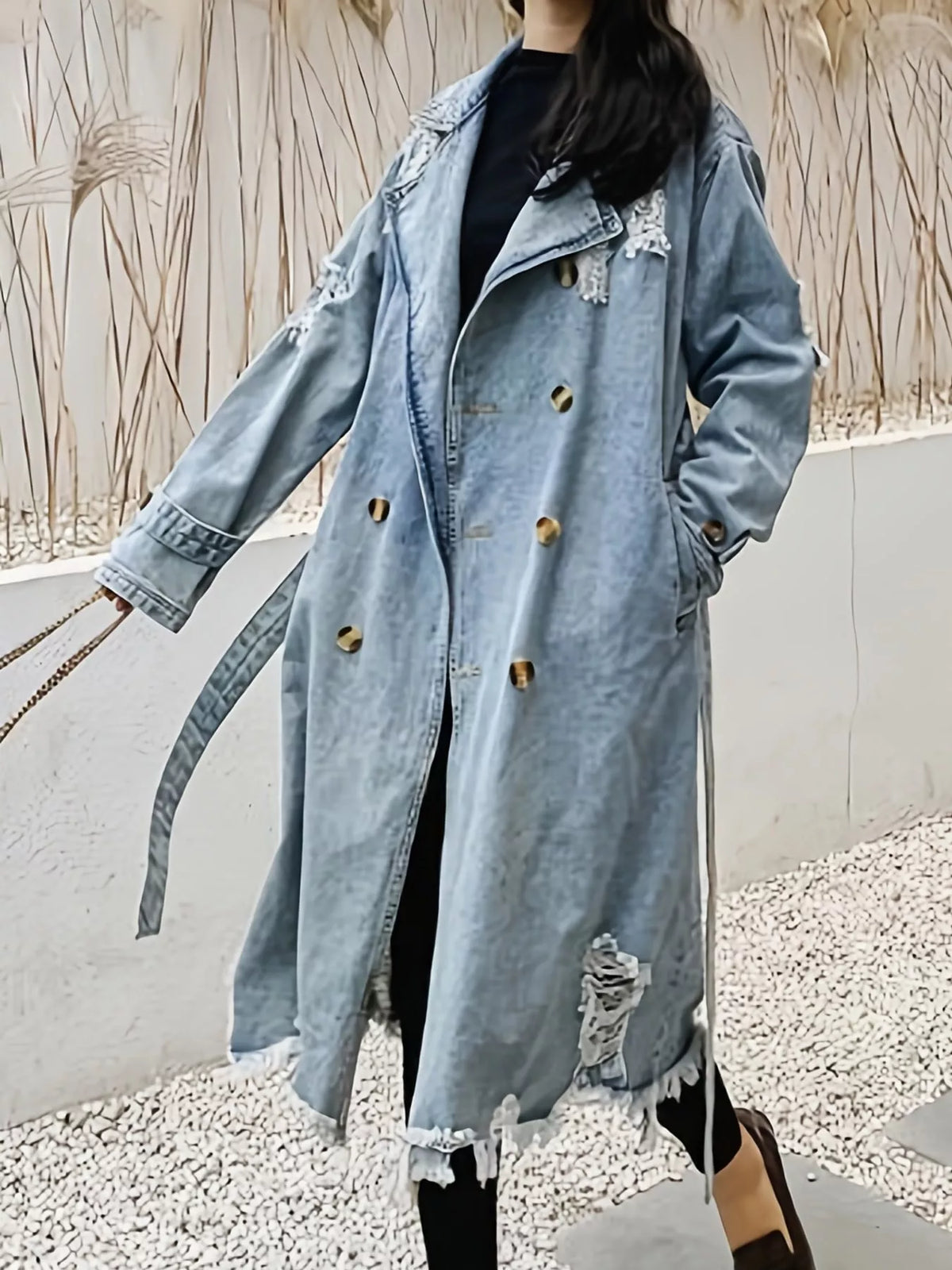 Distressed Double-Breasted Longline Denim Jacket in light blue, front view