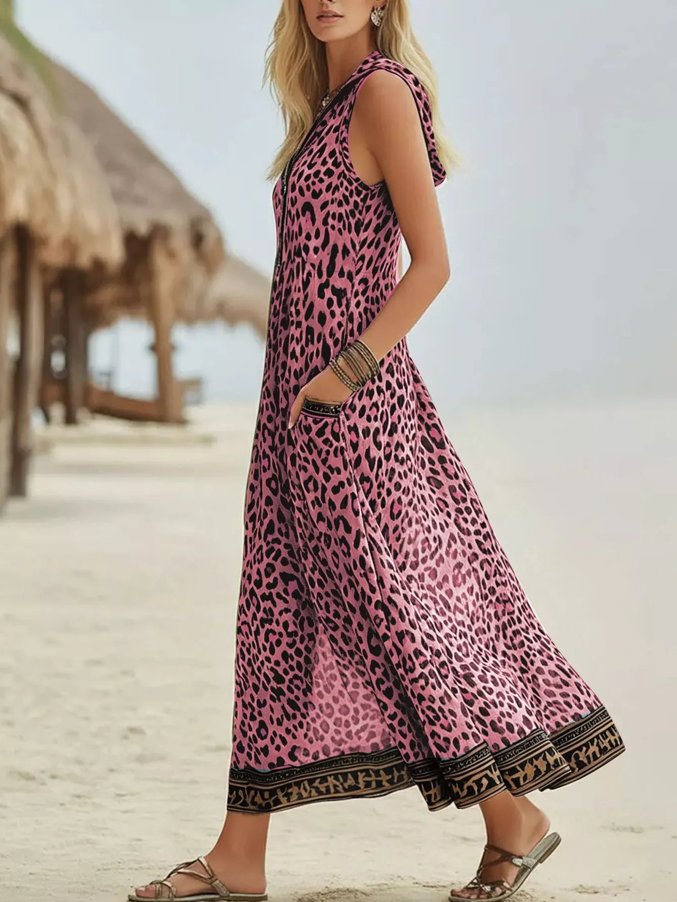 Trendsi Leopard Zip Front Hooded Dress -