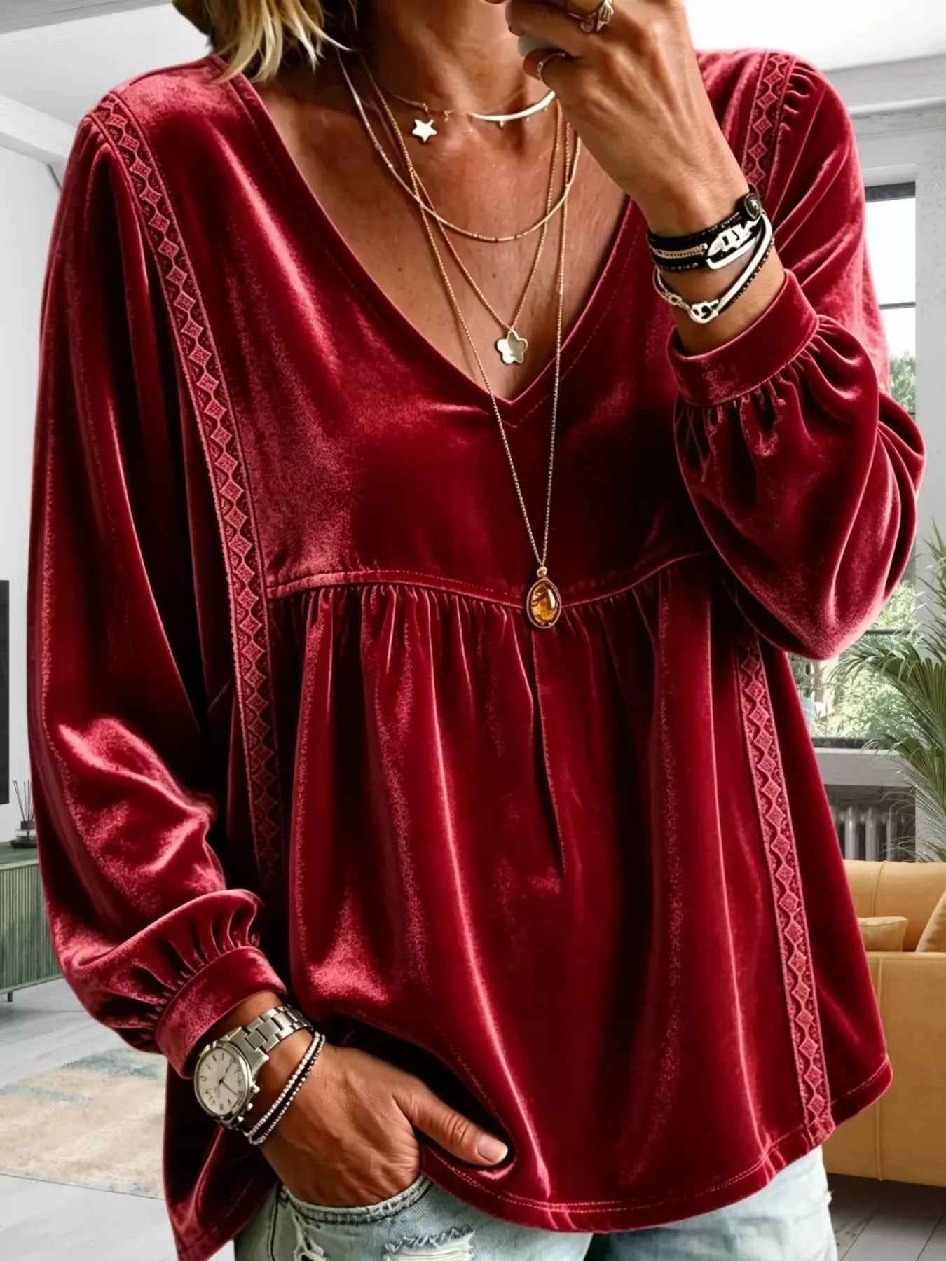 Trendsi Full Size Velvet Lace Detail V-Neck Blouse Plus Size -
