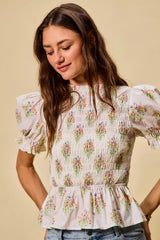 Trendsi SO ME Floral Cotton Smocked Short Sleeves Blouse -