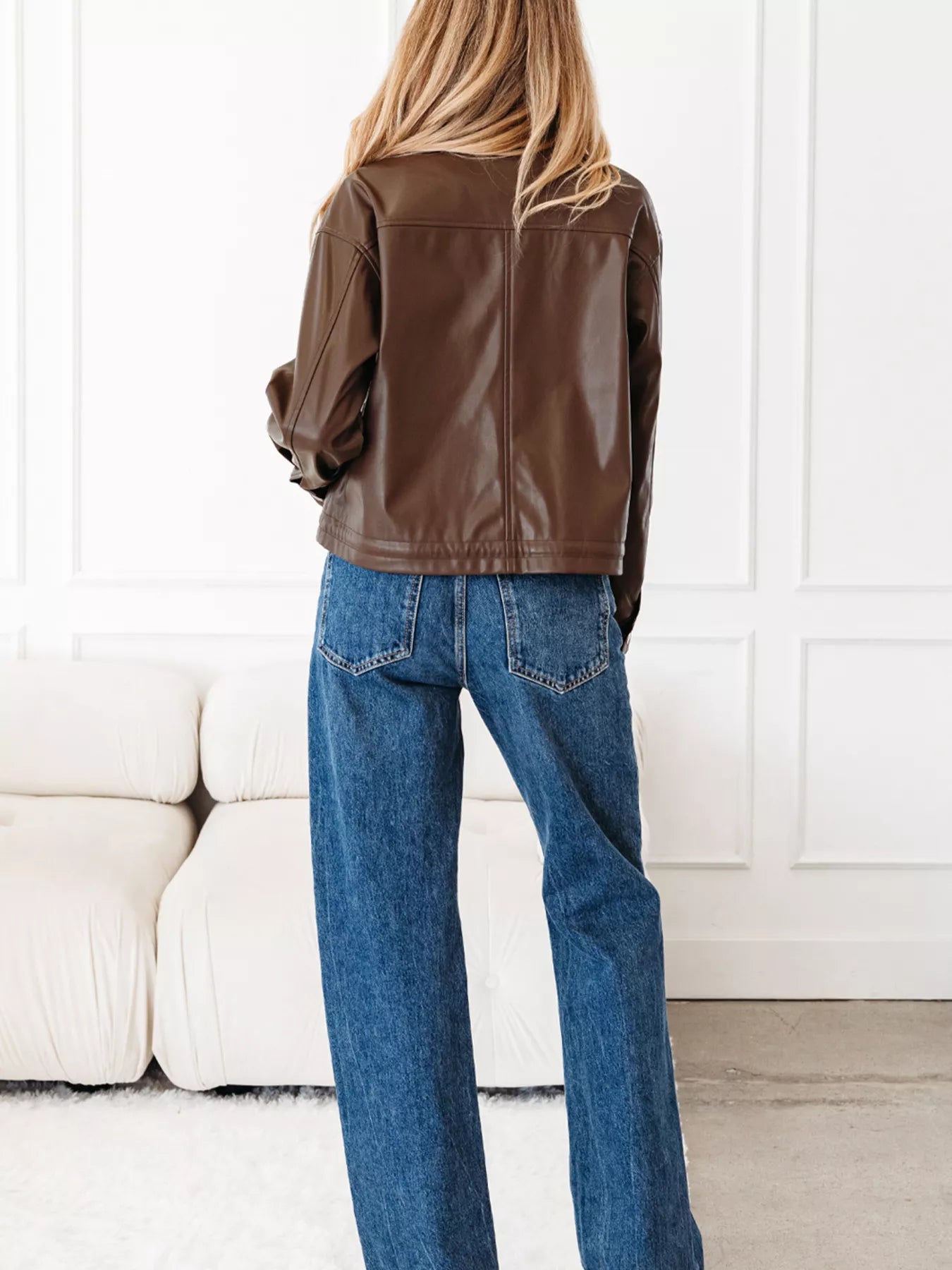 Trendsi Double Flap Pocket Drawstring Hem Leather Jacket -