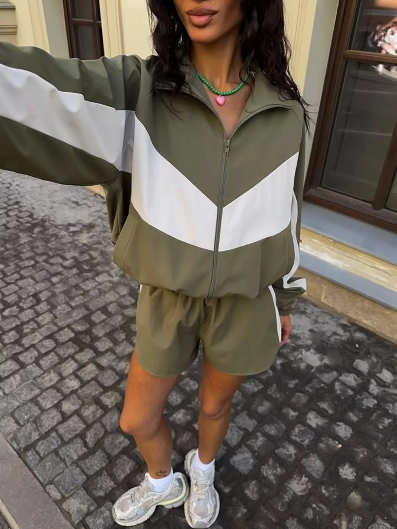Trendsi Color-Block Zip-Up Jacket and Shorts Set -