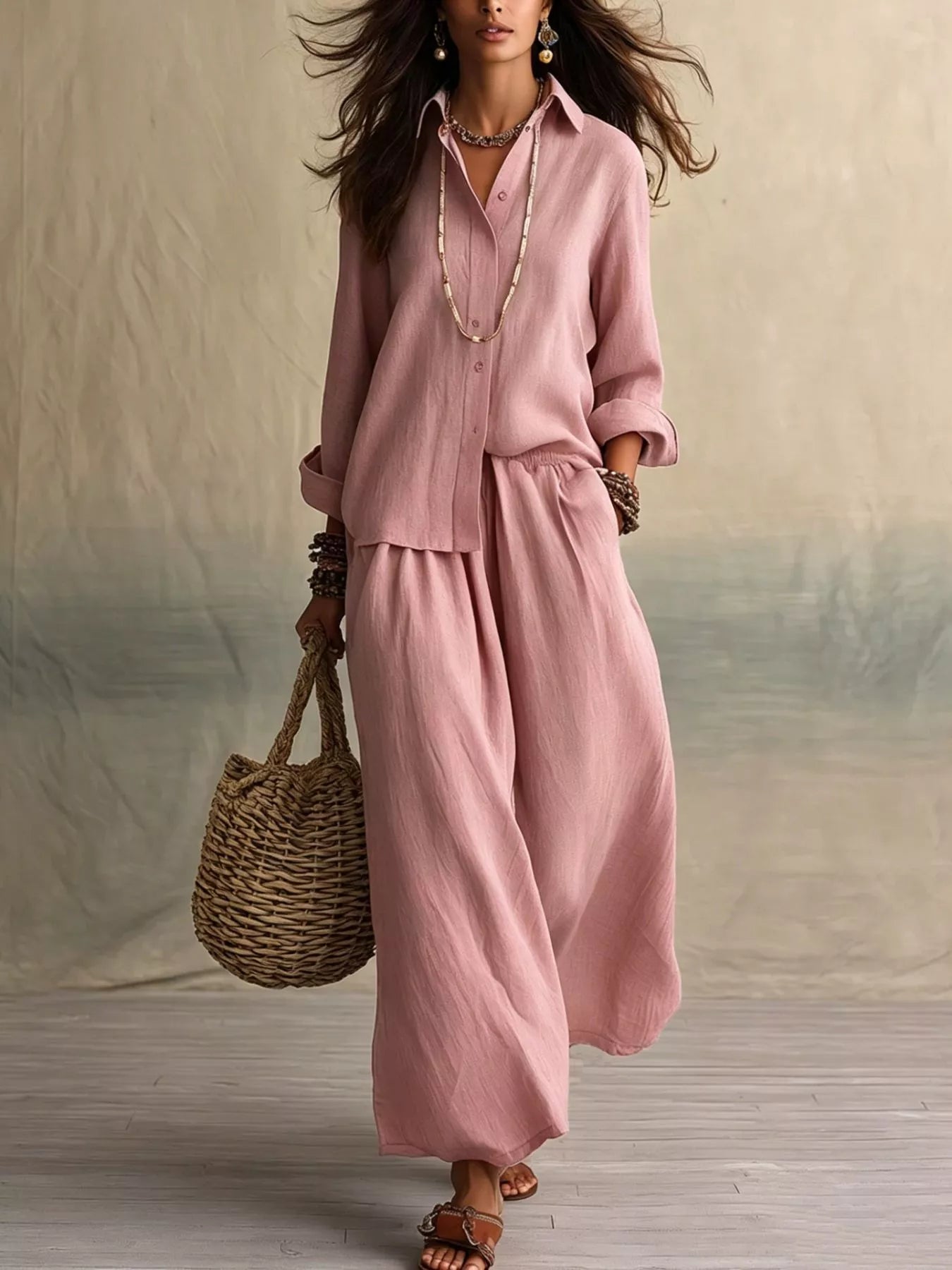 Trendsi Full Size Button Up Shirt and Wide-Leg Pants Set Plus Size -