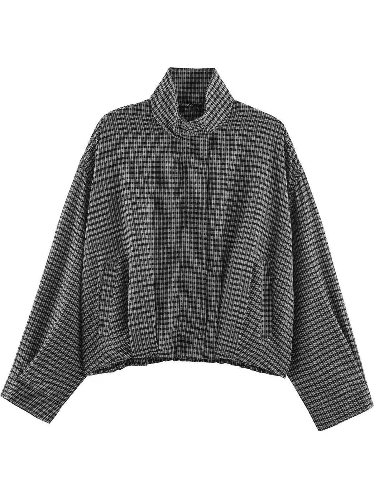 Black And Gray plaid stand-collar cropped jacket
