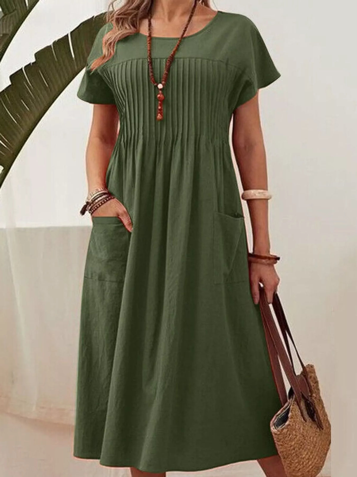 Pleated Midi Dress with Pockets in army green