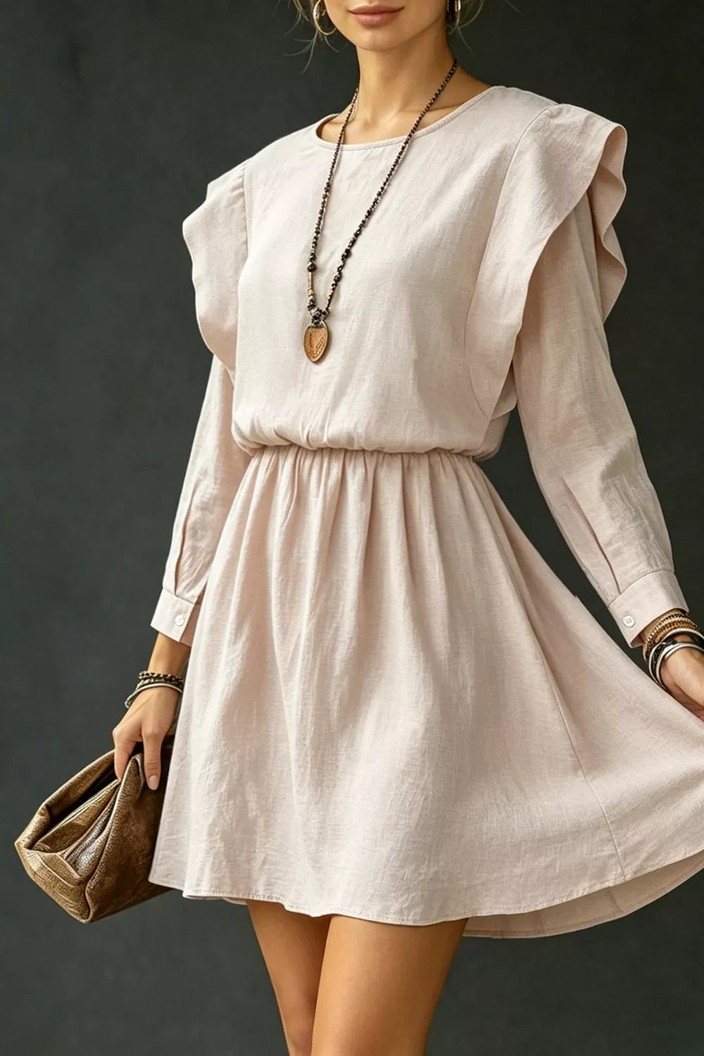 Trendsi Ruffled Round Neck Long Sleeve Dress -