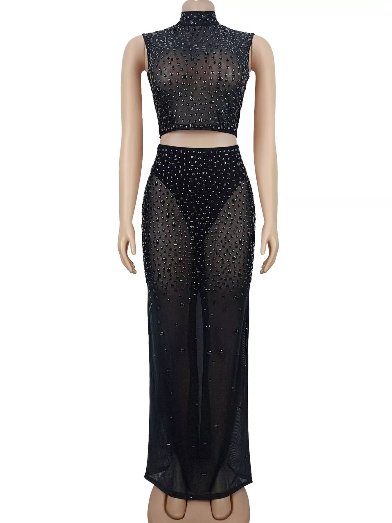 Trendsi Rhinestone Sleeveless Top and Skirt Set -