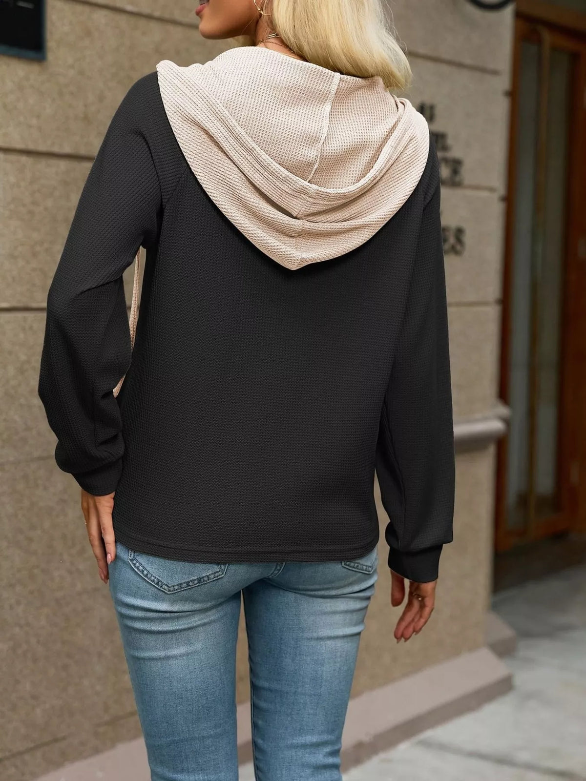 Trendsi Waffle Knit Henley Hoodie with Contrast Trim -