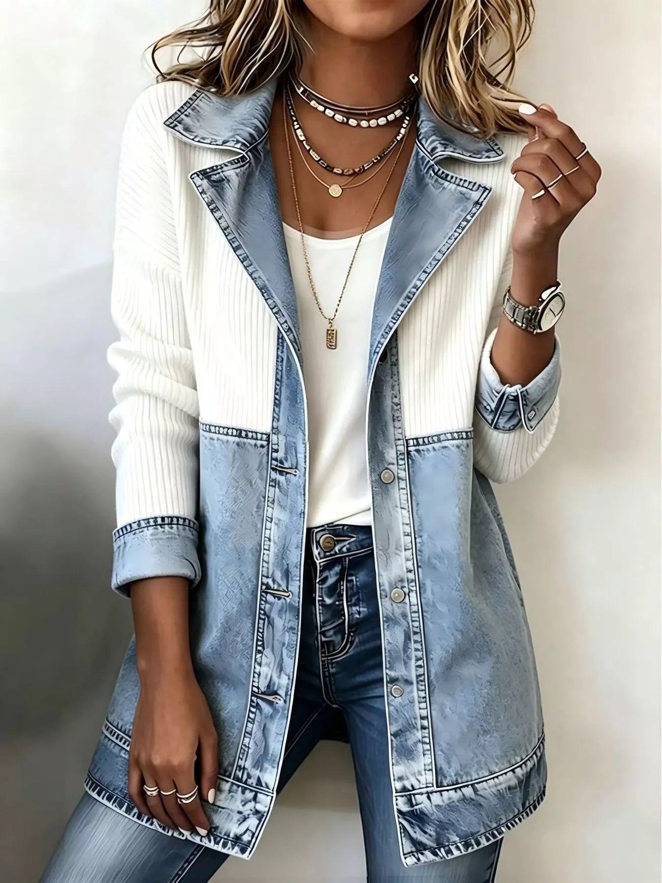 Trendsi Color-Block Denim and Knit Patchwork Casual Jacket -