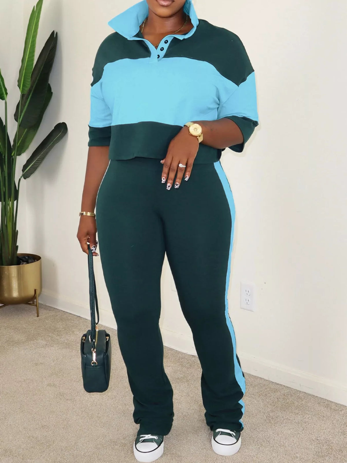 Color-Block Polo Collar Crop Top and Pants Two-Piece Set in green and light blue