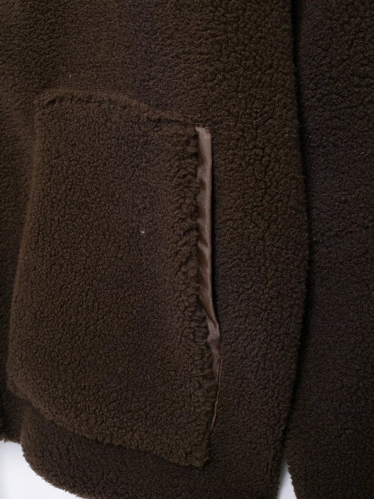 Brown sherpa zip-up jacket, patch pocket opening and textured fabric