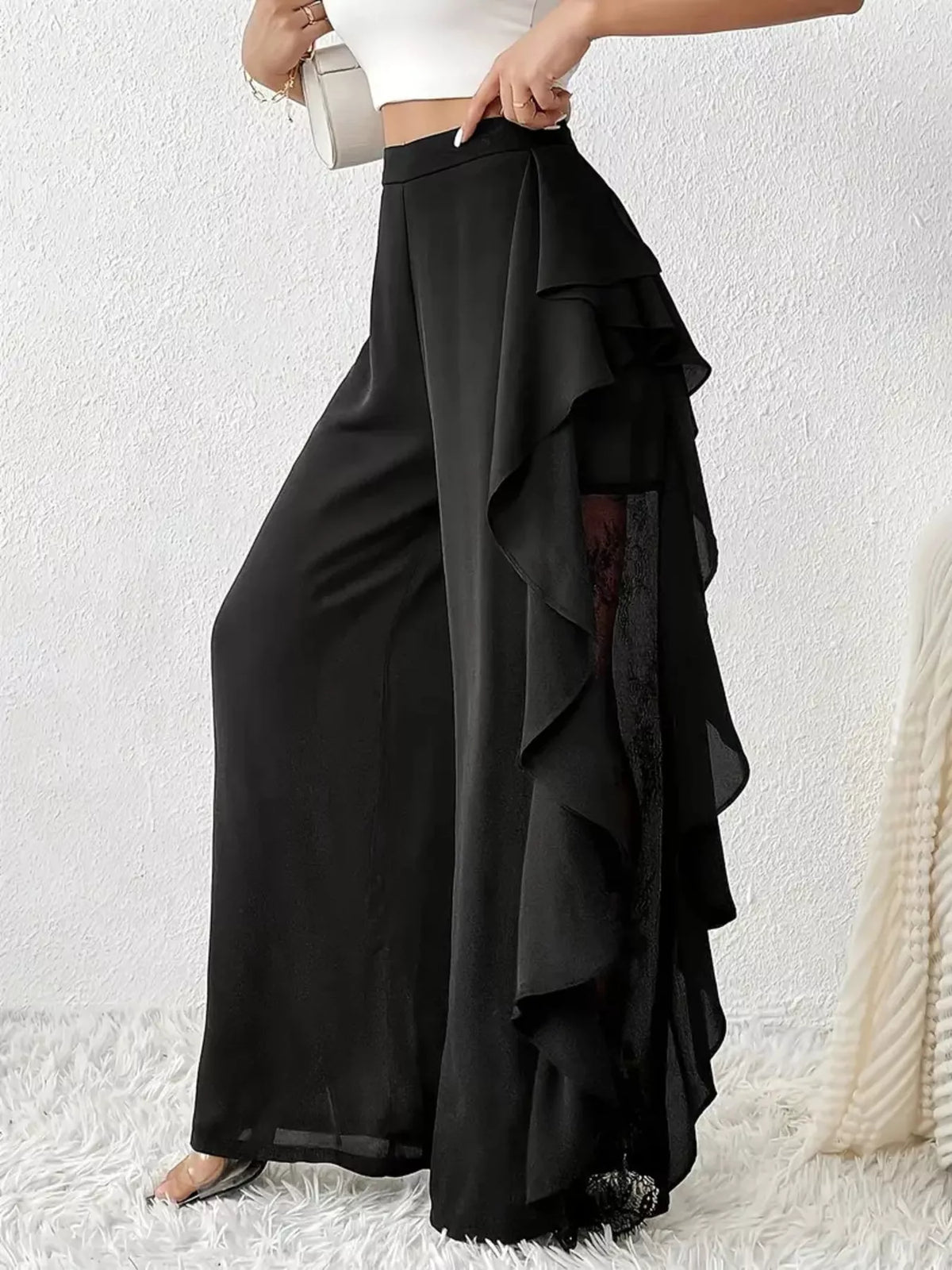 Black Ruffled Wide-Leg Pants with Lace Trim side view