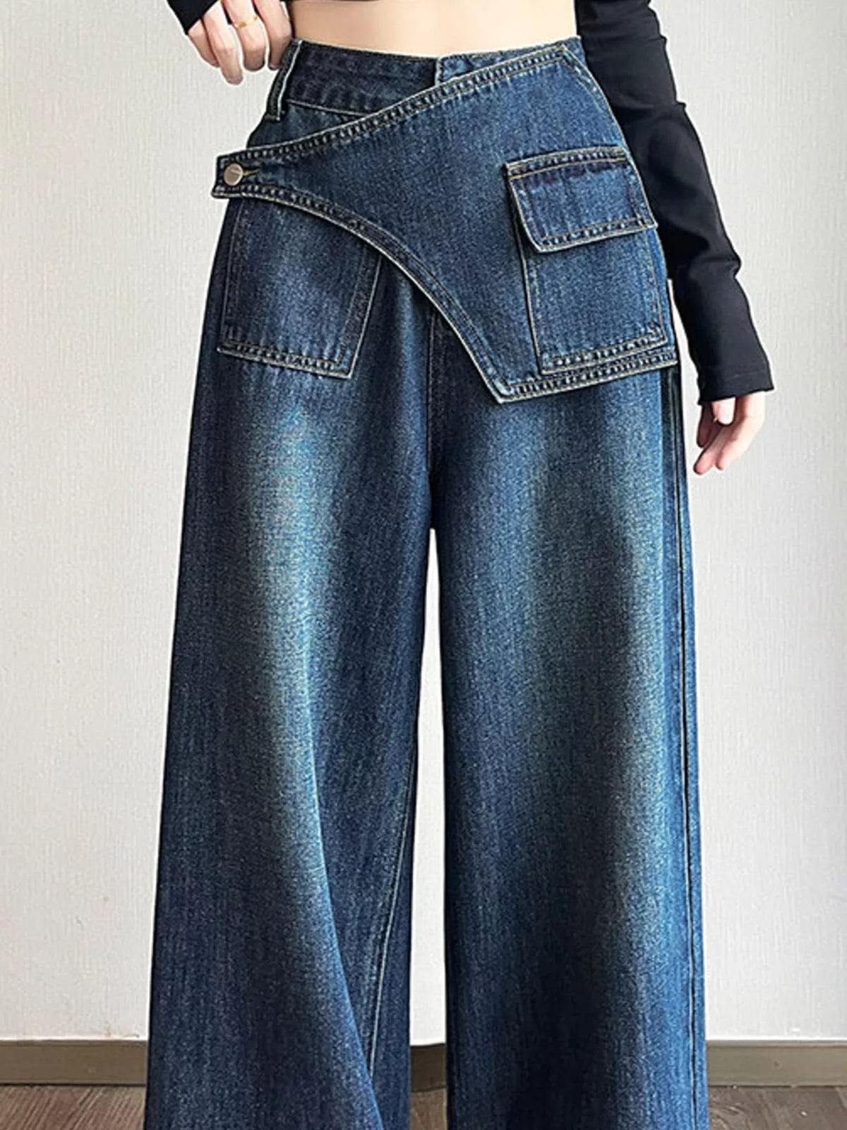Asymmetric Waist Wide-Leg Jeans — construction details