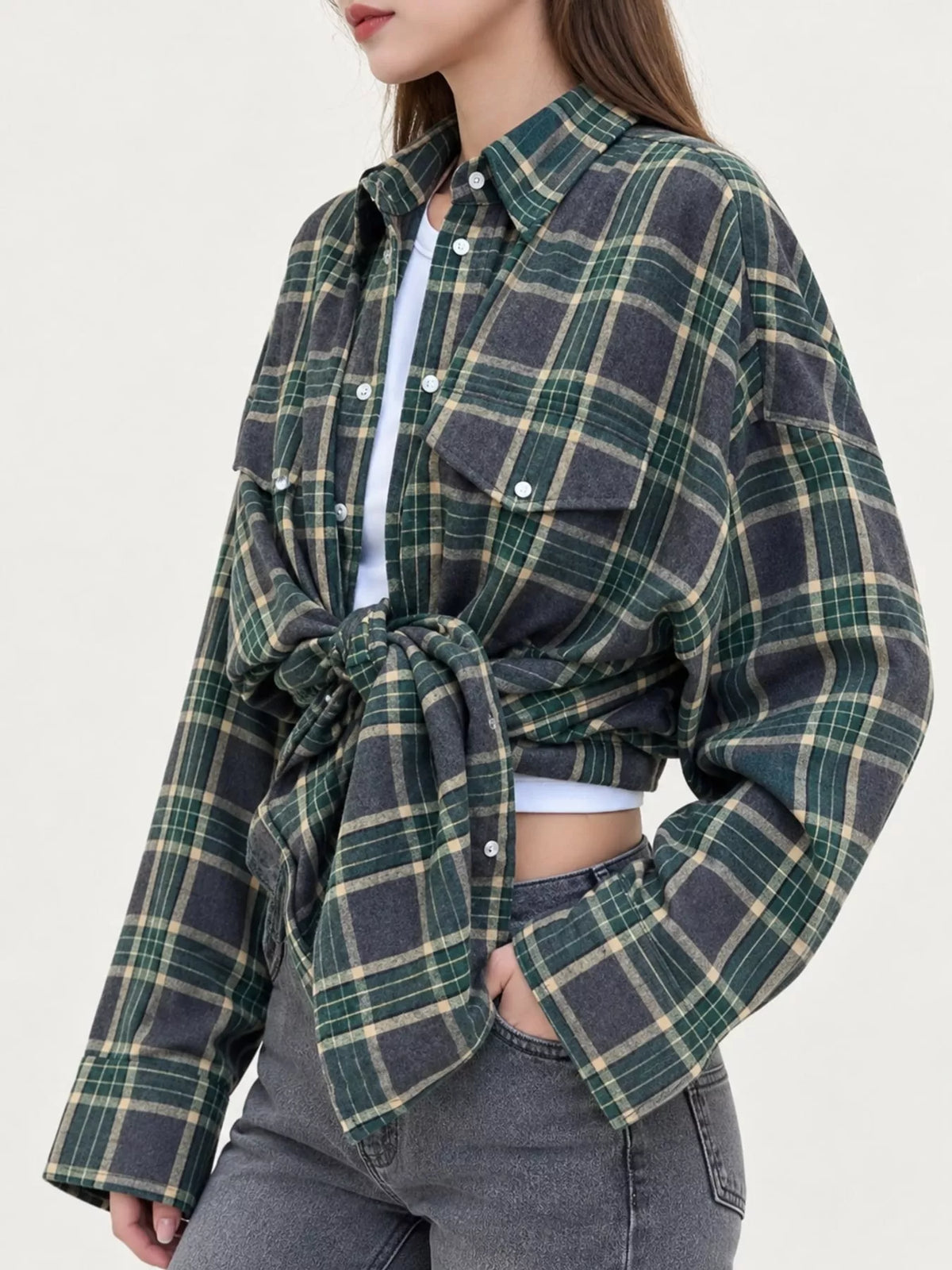 Green plaid button-up shirt with chest pockets