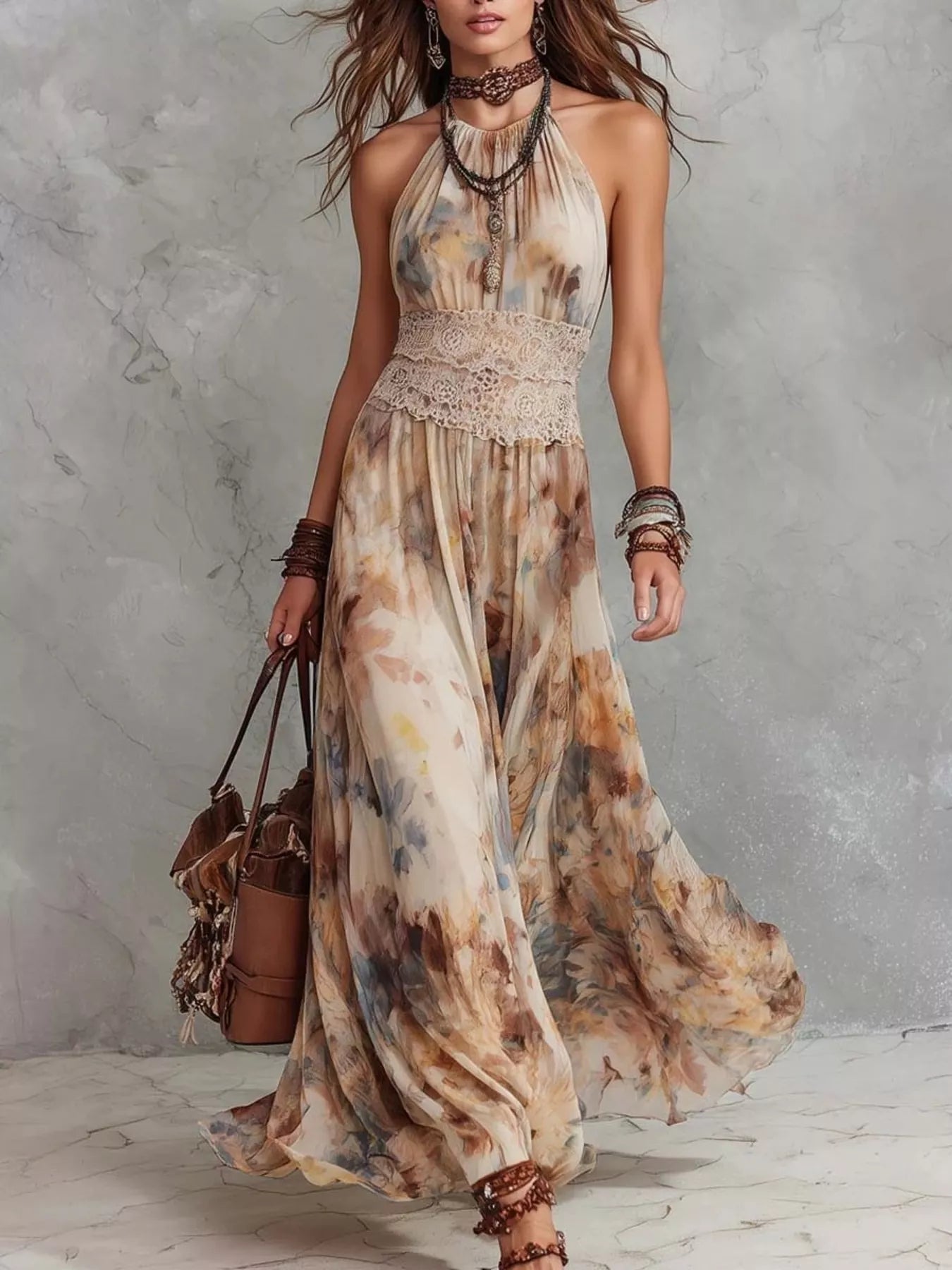 Trendsi Floral Print Halter Neck Maxi Dress -