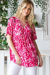 Trendsi Heimish Full Size Short Sleeve Crisscross Animal Babydoll Top Plus Size - Shirts