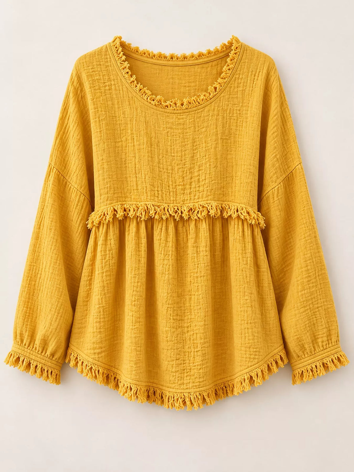 Yellow frayed hem textured blouse, front view