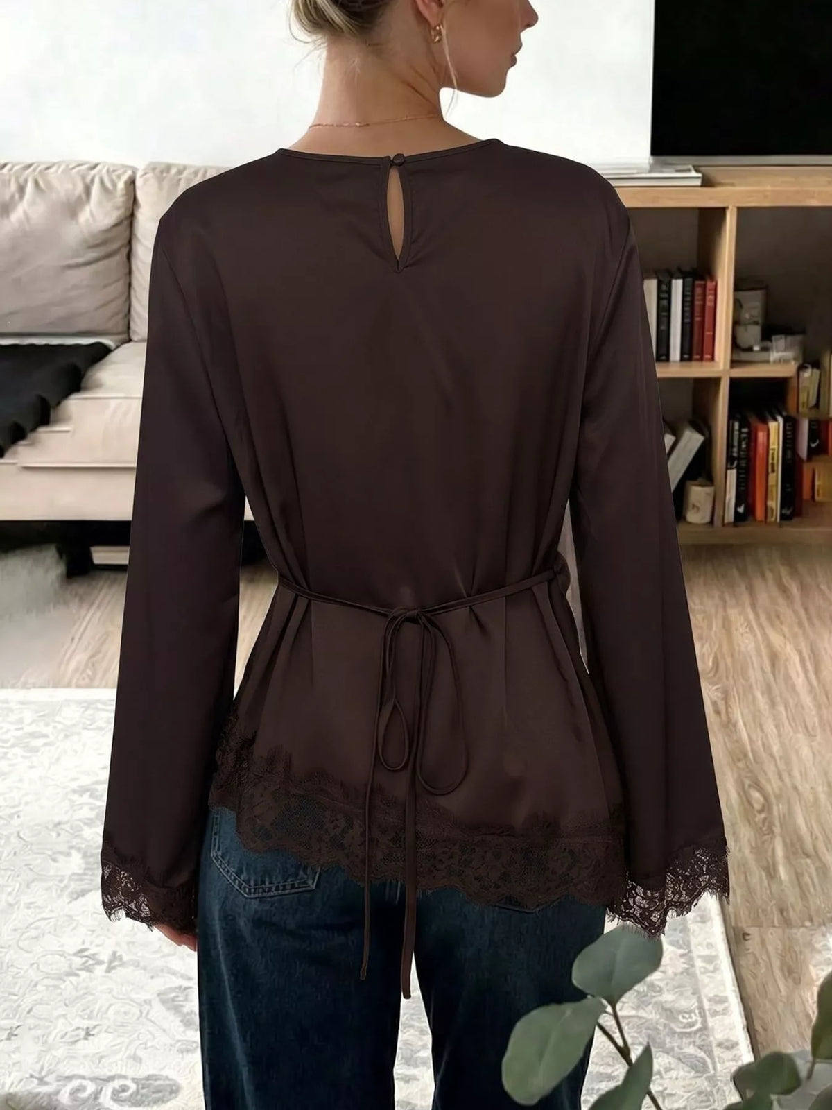 Coffee satin lace-trim blouse with flounce sleeves, tie-back view