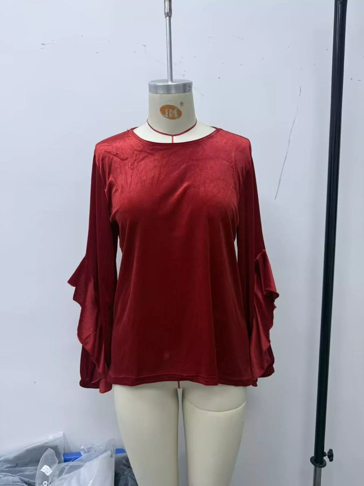 Women's Velvet Round Neck Ruffle Sleeve Top in Navy, alternate view