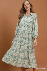 Trendsi Umgee Linen Botanical Print Tiered Midi Dress - Dresses