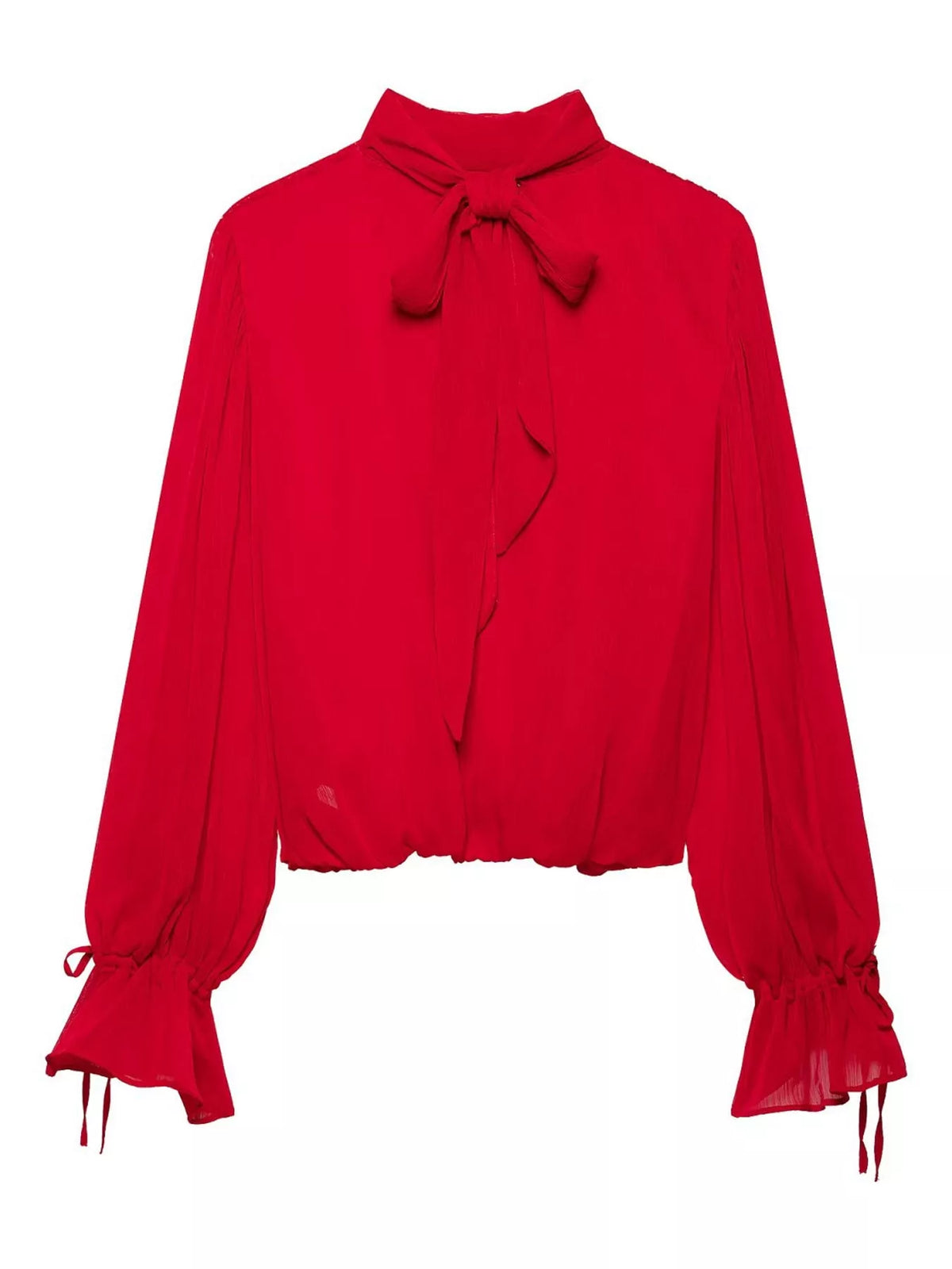 Red bow-tie neck flounce sleeve blouse