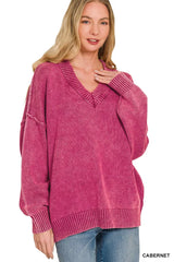Trendsi Zenana Washed Deep V-neck Oversized Sweater -