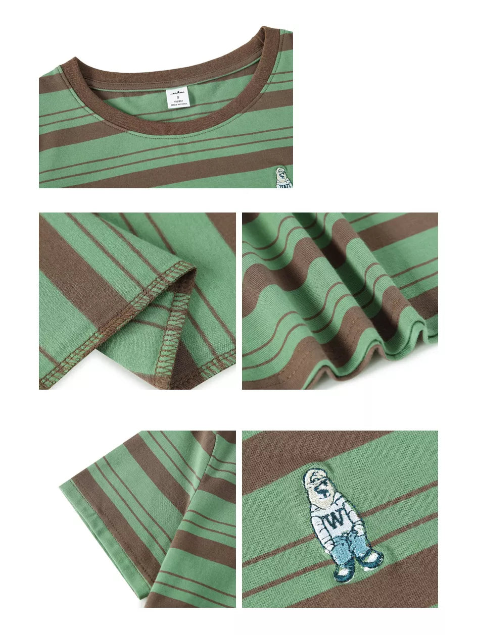 Green - Striped striped crew neck embroidered t-shirt, detail view