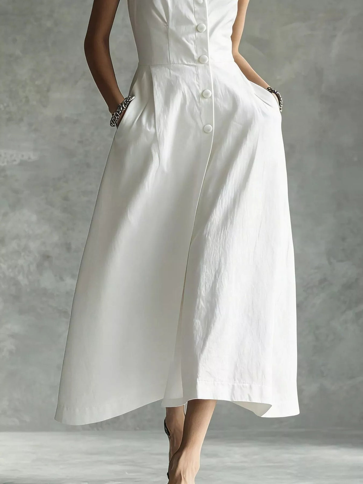 White button-down midi shirt dress, skirt and side pockets