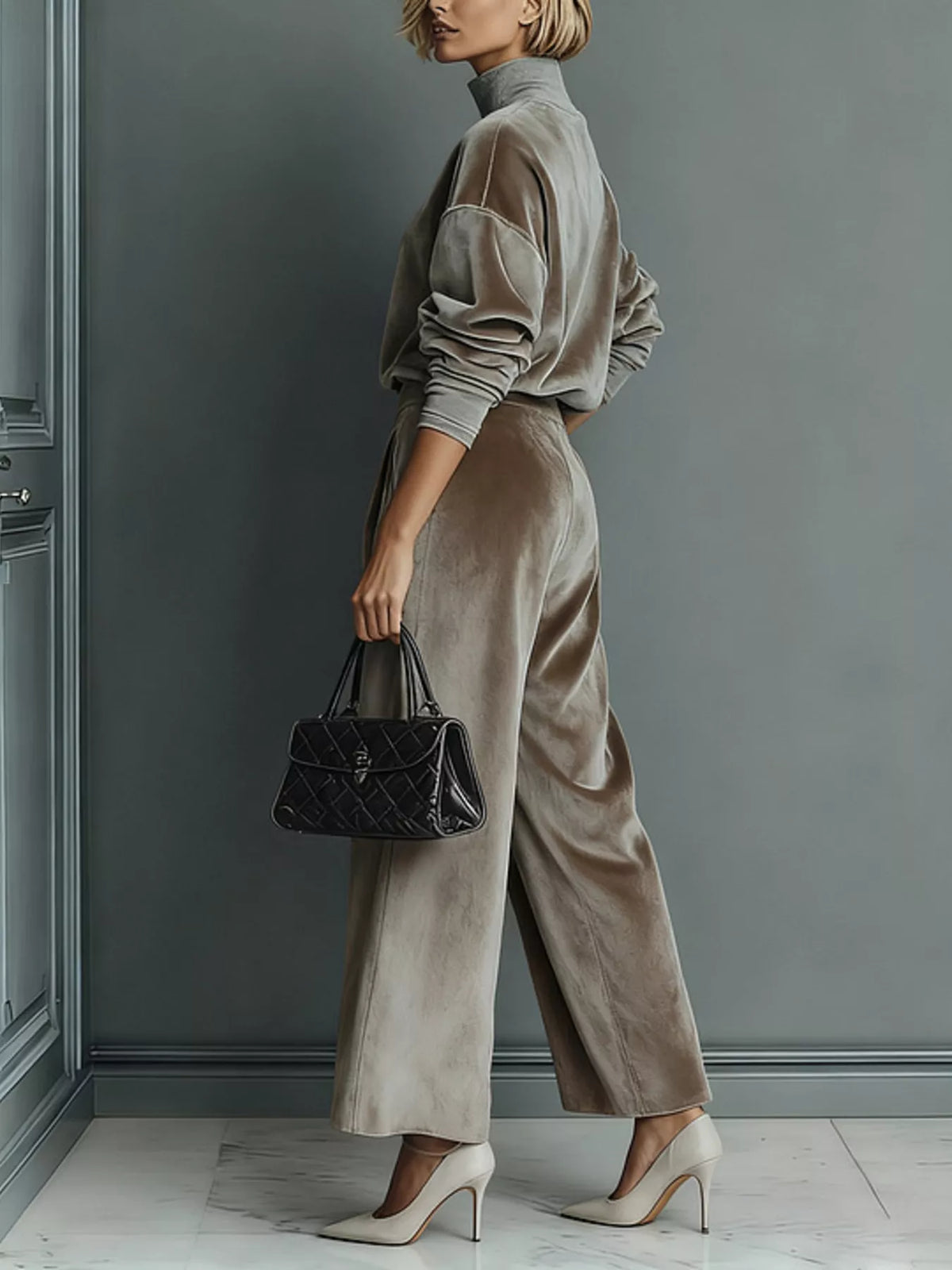 Taupe velvet mock-neck top and wide-leg pants set, side view.