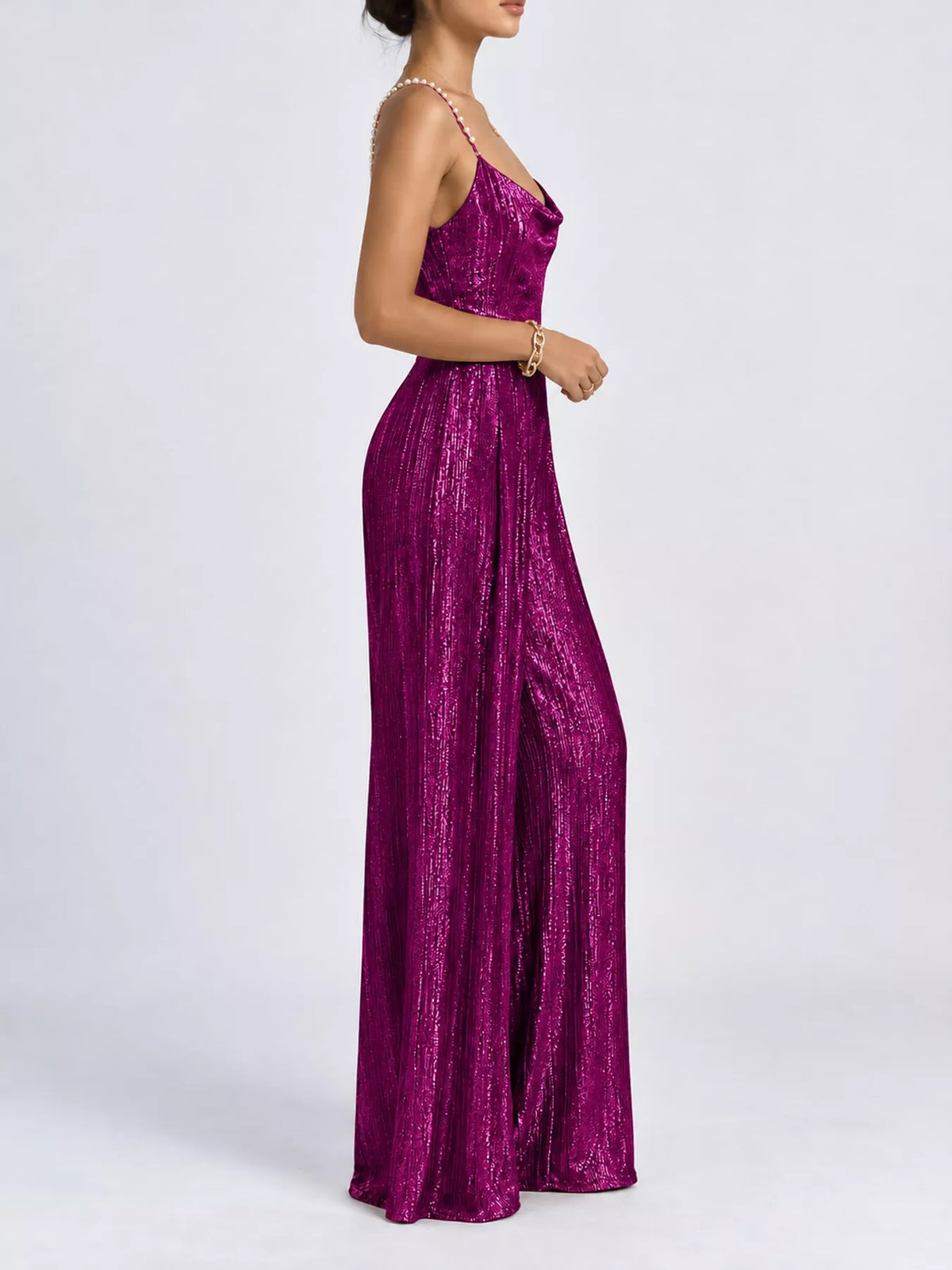 Metallic Wide-Leg Jumpsuit with Pearl Strap Detail in purple