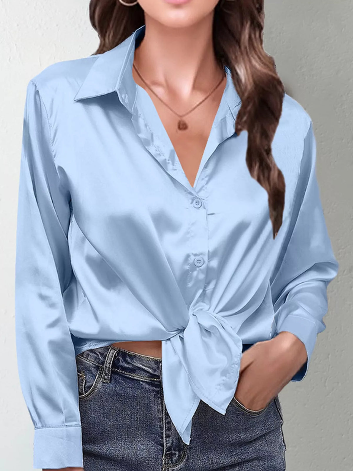 Light Blue satin button-down long sleeve shirt