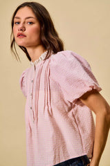 Trendsi SO ME Gingham Lace Trim Button Bubble Sleeves Blouse -